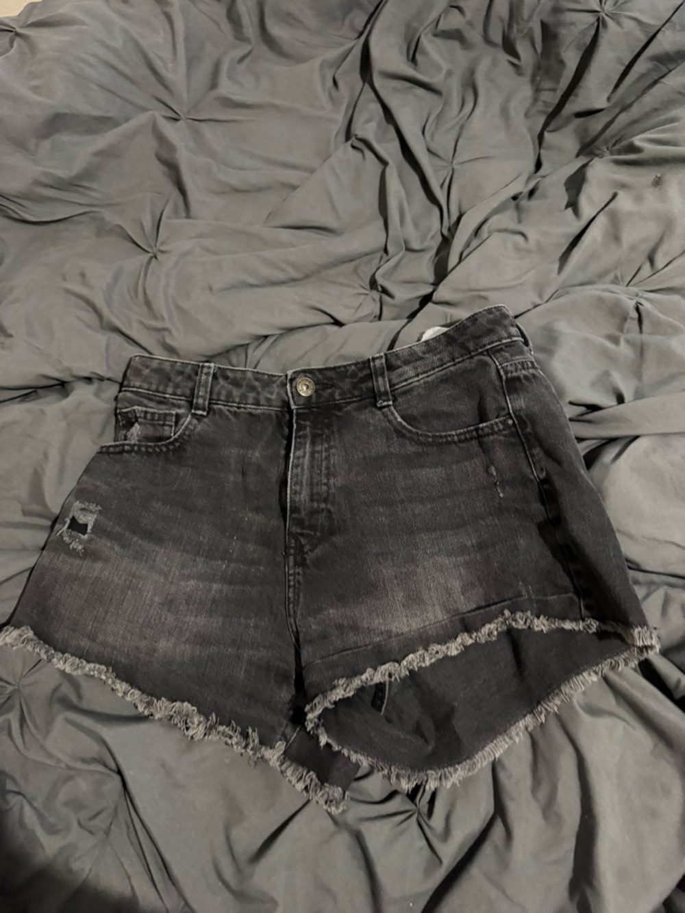 Zara Black Frayed Hem Denim Shorts